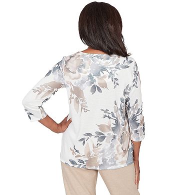 Petite Alfred Dunner Asymmetrical Floral Border Crewneck Top