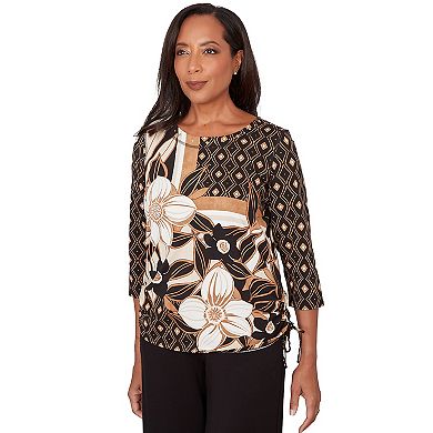Petite Alfred Dunner Floral Geometric Patchwork Side Tie Top