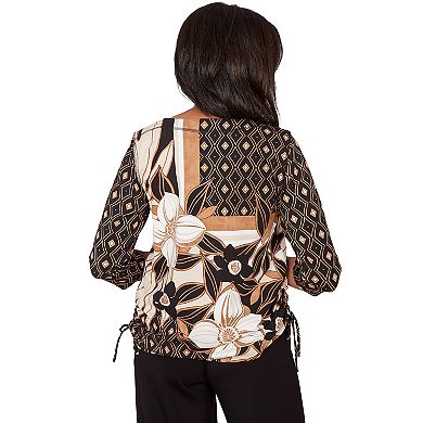 Petite Alfred Dunner Floral Geometric Patchwork Side Tie Top