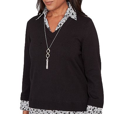 Petite Alfred Dunner Print Woven Two-in-One Sweater with Necklace