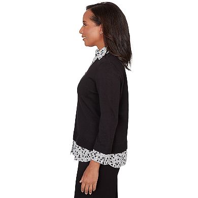 Petite Alfred Dunner Print Woven Two-in-One Sweater with Necklace