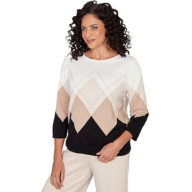 Petite Alfred Dunner Argyle Ribbed Jewel Neck Sweater