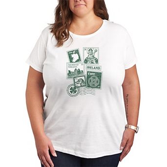 Plus Size Women's Distressed Ireland Stamps Collage Graphic Tee