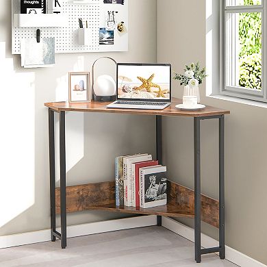 Costway Triangle Computer Desk Corner Desk Home Office w/Power Outlets USB Ports Rustic,Black
