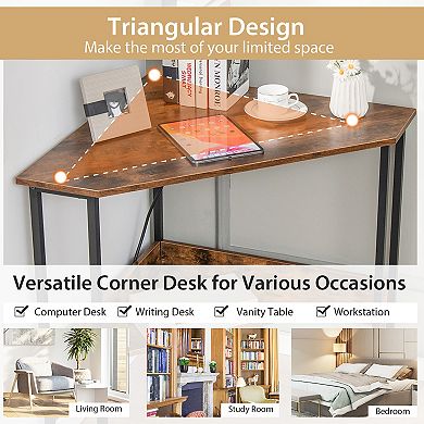 Costway Triangle Computer Desk Corner Desk Home Office w/Power Outlets USB Ports Rustic,Black