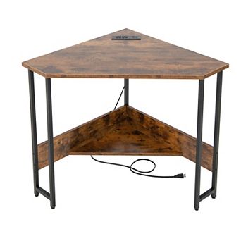 Costway Triangle Computer Desk Corner Desk Home Office w/Power Outlets USB Ports Rustic,Black