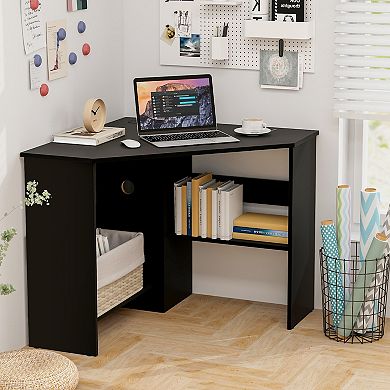 Costway Corner Computer Desk Triangle Writing Workstation w/ Storage Shelf
