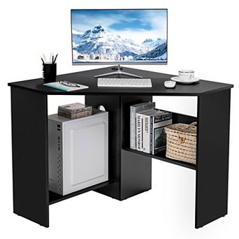Costway Corner Computer Desk Triangle Writing Workstation w/ Storage Shelf