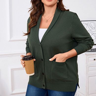 Plus Size Women's Knit Cardigan Sweater Open Front Draper Pocket Shawl Collar Coat for Fall Winter