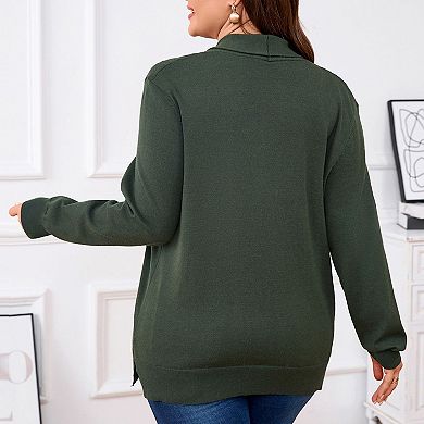 Plus Size Women's Knit Cardigan Sweater Open Front Draper Pocket Shawl Collar Coat for Fall Winter