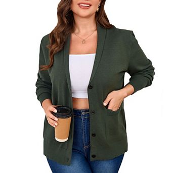 Plus Size Women's Knit Cardigan Sweater Open Front Draper Pocket Shawl Collar Coat for Fall Winter