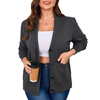 Plus Size Women's Knit Cardigan Sweater Open Front Draper Pocket Shawl Collar Coat for Fall Winter