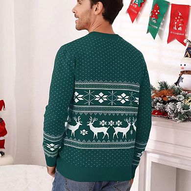 Christmas Sweater Pullover Reindeer Ugly Long Sleeves Crew Neck Snowflake Pattern Jacquard Knit