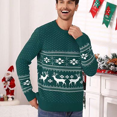 Christmas Sweater Pullover Reindeer Ugly Long Sleeves Crew Neck Snowflake Pattern Jacquard Knit