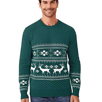 Christmas Sweater Pullover Reindeer Ugly Long Sleeves Crew Neck Snowflake Pattern Jacquard Knit
