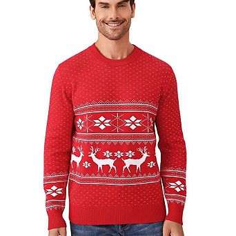 Christmas Sweater Pullover Reindeer Ugly Long Sleeves Crew Neck Snowflake Pattern Jacquard Knit
