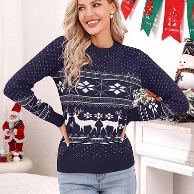 Women's Christmas Sweater Long Sleeve Crew Neck Snowflake Pattern Jacquard Knit Sweater