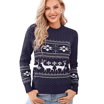 Women's Christmas Sweater Long Sleeve Crew Neck Snowflake Pattern Jacquard Knit Sweater
