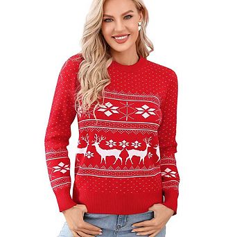 Women's Christmas Sweater Long Sleeve Crew Neck Snowflake Pattern Jacquard Knit Sweater
