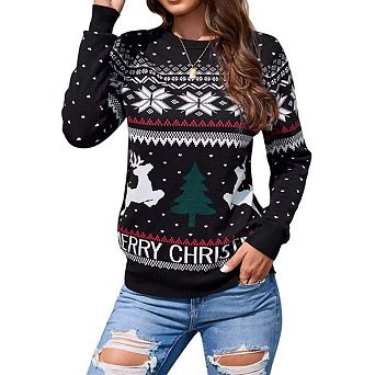 Family Size Christmas Sweater Reindeer Snowflake Knit Crew Neck Pullover for Women/Men/Kids
