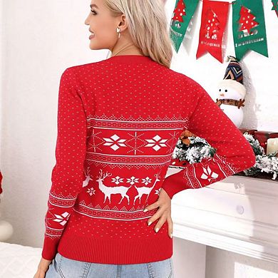 Women's Christmas Sweater Long Sleeve Crew Neck Snowflake Pattern Jacquard Knit Sweater