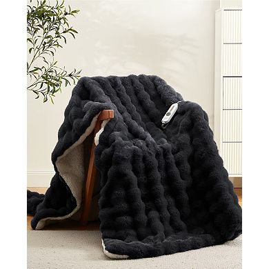 Heated Blanket, Faux Fur Electric Blanket with 4 Heat Settings, Soft Bubble Blanket
