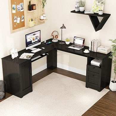 Costway L-Shaped Corner Computer Desk Writing Table Study Workstation w/ Drawers Storage