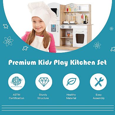 Costway Wooden Kids Pretend Kitchen Playset Cooking Play Toy w/ Utensils & Sound