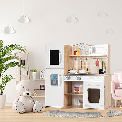 Costway Wooden Kids Pretend Kitchen Playset Cooking Play Toy w/ Utensils & Sound