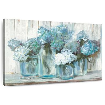 Hydrangeas In Glass Jars Blue Wall Art