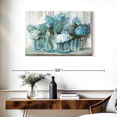 Hydrangeas In Glass Jars Blue Wall Art