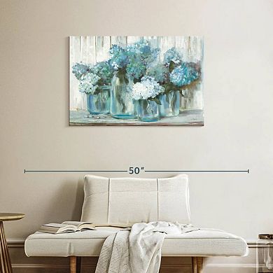 Hydrangeas In Glass Jars Blue Wall Art