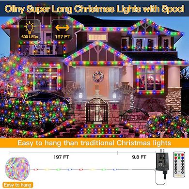 Ollny 600 LED 197ft Multicolor IP67 Waterproof Christmas Lights Clear Wire