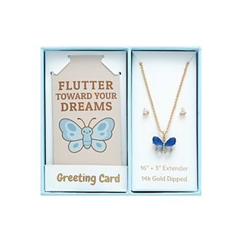Taylor Grace 14k Gold Plated Cubic Zirconia Stud Earrings & Butterfly Pendant Necklace Set