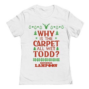 Juniors' National Lampoon's Christmas Vacation Why Is The Carpet All Wet Todd Chrimstas Tree Graphic Tee