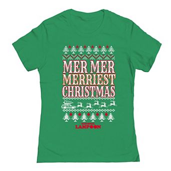 Juniors' National Lampoon's Christmas Vacation Mer Mer Merriest Christmas Ugly Sweater Graphic Tee