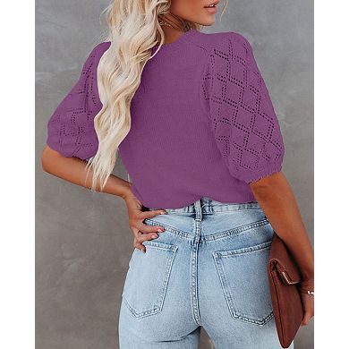 Women's Short Sleeve Sweaters Crewneck Knit Pullover Lightweight Summer Casual Tops