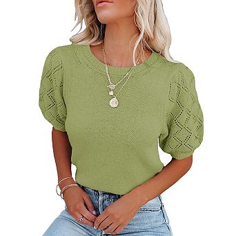 Women's Short Sleeve Sweaters Crewneck Knit Pullover Lightweight Summer Casual Tops
