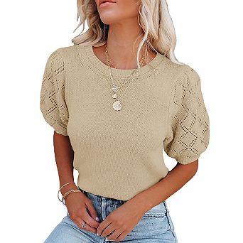 Women's Short Sleeve Sweaters Crewneck Knit Pullover Lightweight Summer Casual Tops