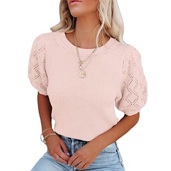 Women's Short Sleeve Sweaters Crewneck Knit Pullover Lightweight Summer Casual Tops
