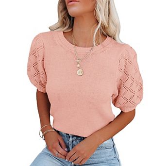 Women's Short Sleeve Sweaters Crewneck Knit Pullover Lightweight Summer Casual Tops