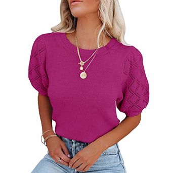 Women's Short Sleeve Sweaters Crewneck Knit Pullover Lightweight Summer Casual Tops