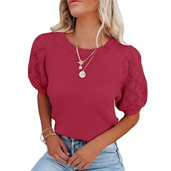 Women's Short Sleeve Sweaters Crewneck Knit Pullover Lightweight Summer Casual Tops
