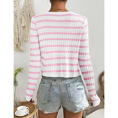 Women's Striped Cardigan Long Sleeve Tie Front Shrug Crop Top Sweater Trendy Outfit