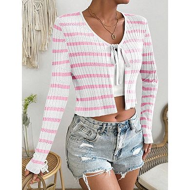 Women's Striped Cardigan Long Sleeve Tie Front Shrug Crop Top Sweater Trendy Outfit