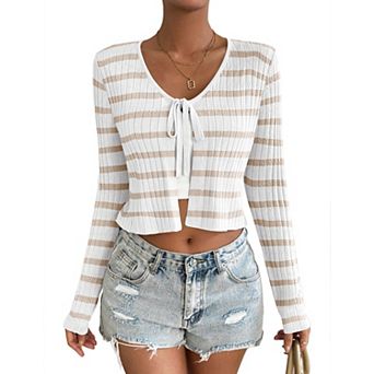 Women's Striped Cardigan Long Sleeve Tie Front Shrug Crop Top Sweater Trendy Outfit