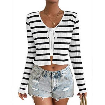 Women's Striped Cardigan Long Sleeve Tie Front Shrug Crop Top Sweater Trendy Outfit