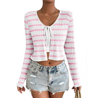 Women's Striped Cardigan Long Sleeve Tie Front Shrug Crop Top Sweater Trendy Outfit