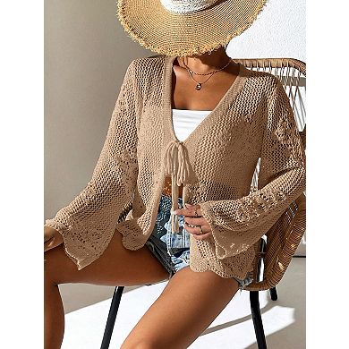 Womens Tie Front Cardigan Lightweight Crochet Shrug Spring Knit Cover Up