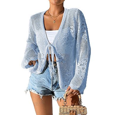 Womens Tie Front Cardigan Lightweight Crochet Shrug Spring Knit Cover Up
